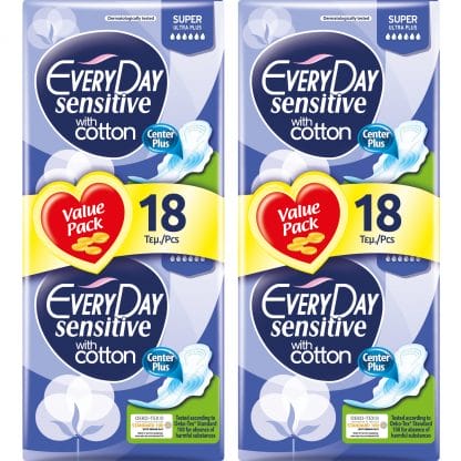 Every Day Πακέτο Προσφοράς Sensitive Super Ultra Plus Value Pack Σερβιέτες Ιδανικές για Πολύ Μεγάλη Ροή 2x18 Τεμάχια 1+1 Δώρο