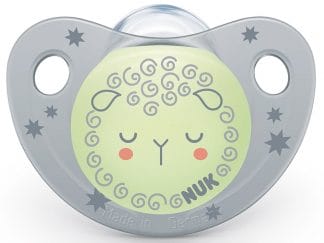 Nuk Night & Day Silicone 0-6 m Ορθοδοντική Πιπίλα Σιλικόνης με Θήκη, Χωρίς Κρίκο που Λάμπει στο Σκοτάδι 1 Τεμάχιο - γκρι