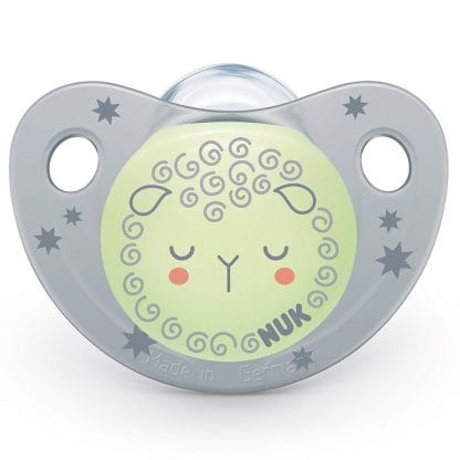 Nuk Night & Day Silicone 0-6 m Ορθοδοντική Πιπίλα Σιλικόνης με Θήκη, Χωρίς Κρίκο που Λάμπει στο Σκοτάδι 1 Τεμάχιο - γκρι