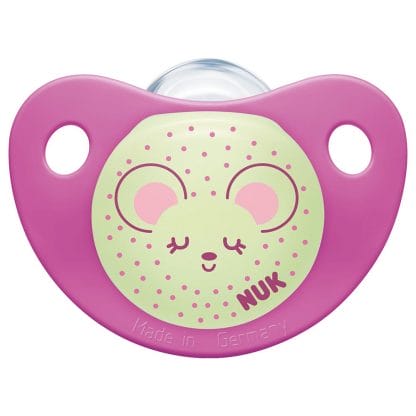 Nuk Night & Day Silicone 0-6 m Ορθοδοντική Πιπίλα Σιλικόνης με Θήκη, Χωρίς Κρίκο που Λάμπει στο Σκοτάδι 1 Τεμάχιο - ροζ
