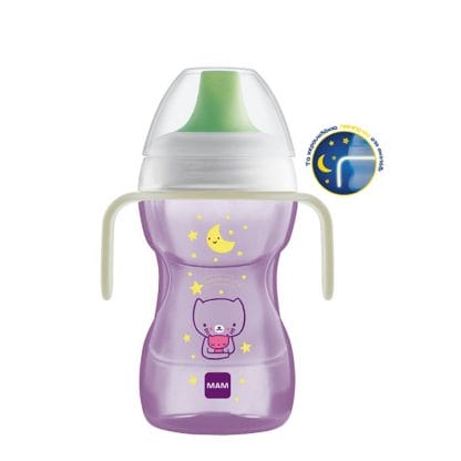 Mam Fun to Drink Cup Night 8m+ Κωδ 463 Εκπαιδευτικό Ποτηράκι με Χερούλια που Λάμπουν στο Σκοτάδι Από 8 Μηνών 1 Τεμάχιο - μωβ