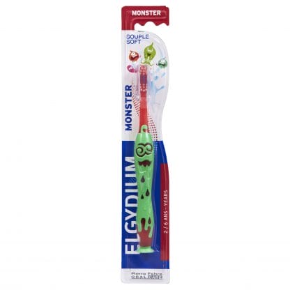 Elgydium Monster Soft 2/6 Years Παιδική Χειροκίνητη Μαλακή Οδοντόβουρτσα για Προστασία των Ευαίσθητων Ούλων & Δοντιών 1 Τεμάχιο - Μπλε - Πορτοκαλί