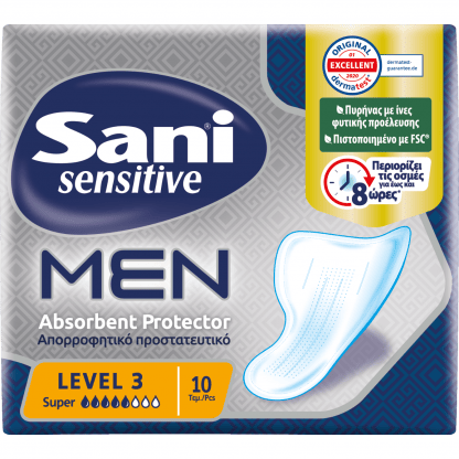 Sani Sensitive Men Absorbent Protector Level 3 Super Λεπτό και Διακριτικό Επίθεμα Ακράτειας για Άνδρες 10 Τεμάχια