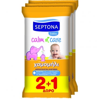 Septona Baby Calm n' Care Wipes Chamomile Απαλά Βρεφικά Μωρομάντηλα με Χαμομήλι Travel Size 3x12 Τεμάχια 2+1 Δώρο