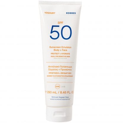 Korres Yoghurt Sunscreen Emulsion Face & Body Spf50 Αντηλιακό Γαλάκτωμα Προσώπου Σώματος Υψηλής Προστασίας με Γιαούρτι 250ml