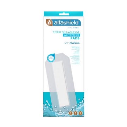 AlfaShield Alfa Pads Sterile Self-Adhesive Waterproof Pads Αποστειρωμένα Αυτοκόλλητα Αδιάβροχα Επιθέματα 9x25cm, 5 Τεμάχια
