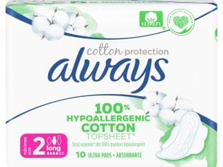 Always Cotton Protection Long Σερβιέτες με Φτερά & Κάλυμμα από 100% Οργανικό Βαμβάκι για Μεγάλη Ροή 10 Pads