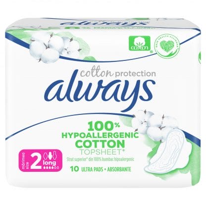 Always Cotton Protection Long Σερβιέτες με Φτερά & Κάλυμμα από 100% Οργανικό Βαμβάκι για Μεγάλη Ροή 10 Pads
