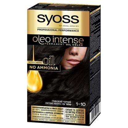 Syoss Oleo Intense Permanent Oil Hair Color Kit  Επαγγελματική Μόνιμη Βαφή Μαλλιών για Εξαιρετική Κάλυψη & Έντονο Χρώμα που Διαρκεί, Χωρίς Αμμωνία 1 Τεμάχιο - 1-10 Έντονο Μαύρο