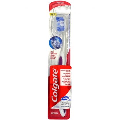 Colgate 360 Max White Medium Οδοντόβουρτσα για Ολοκληρωμένο Καθαρισμό Στόματος & Λεύκανση με Μοναδικές Ίνες Γυαλίσματος 1Τεμάχιο - πράσινο