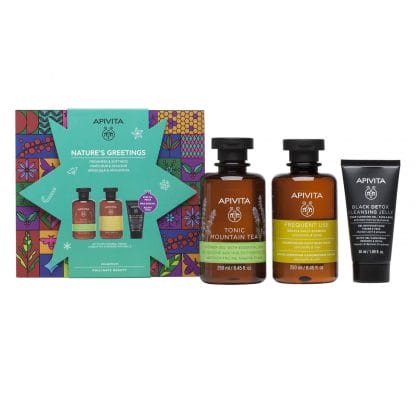 Apivita Promo Nature's Greetings Tonic Mountain Tea Shower Gel 250ml, Gentle Daily Shampoo 250ml & Black Detox Cleansing 50ml