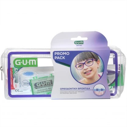 Gum Ortho Care Kit with Orthodontic Toothbrush 1pc, Ortho Pre-cut Wax 1pc, AftaClear Gel 2x2ml, Ortho Floss 3 in 1, 5pcs - γαλάζιο