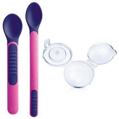 Mam Heat Sensitive Spoons & Cover Κωδ 513 Θερμοευαίσθητα Μαλακά Κουταλάκια με Θήκη από 6+ Μηνών, 2 Κουταλάκια & Θήκη Μεταφοράς - ροζ