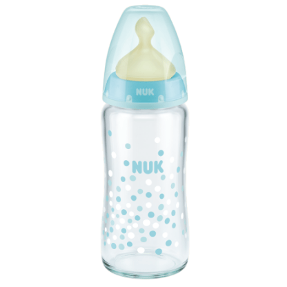 Nuk First Choice Plus Γυάλινο Μπιμπερό με Θηλή Καουτσούκ Μεγέθους 1 (0-6 Μηνών) Medium 240ml - μπλέ