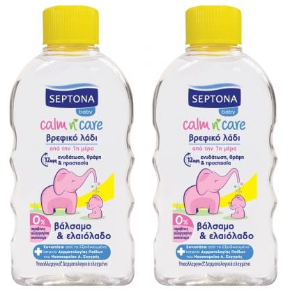 Septona Πακέτο Προσφοράς Baby Calm n' Care Βρεφικό Λάδι για 12ωρη Ενυδάτωση, Θρέψη & Προστασία με Βάλσαμο & Ελαιόλαδο 2x200ml