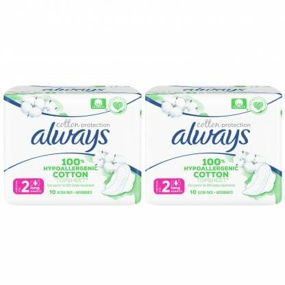 Always Πακέτο Προσφοράς Cotton Protection Long Σερβιέτες με Κάλυμμα από 100% Οργανικό Βαμβάκι, Μεγάλη Ροή 2x10 Pads 1+1 Δώρο