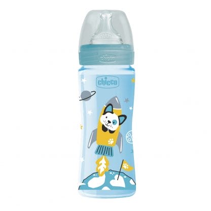 Chicco Well Being Πλαστικό Μπιμπερό με Θηλή Σιλικόνης Γρήγορης Ροής Από 4+ Μηνών 330ml - γαλάζιο