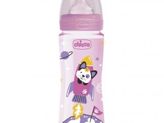 Chicco Well Being Πλαστικό Μπιμπερό με Θηλή Σιλικόνης Γρήγορης Ροής Από 4+ Μηνών 330ml - ροζ