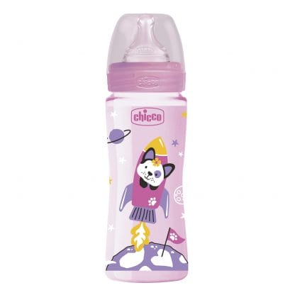 Chicco Well Being Πλαστικό Μπιμπερό με Θηλή Σιλικόνης Γρήγορης Ροής Από 4+ Μηνών 330ml - ροζ