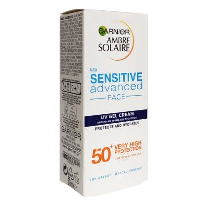Garnier Amber Solaire Sensitive Gel Cream Spf50+ Αντηλιακή Προσώπου Πολύ Υψηλής Προστασίας για Ευαίσθητες Επιδερμίδες 50ml