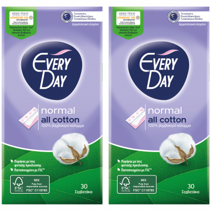 Every Day Πακέτο Προσφοράς All Cotton Normal Ανατομικά Σερβιετάκια με Βαμβακερό Κάλυμμα 2x30 Τεμάχια 1+1 Δώρο