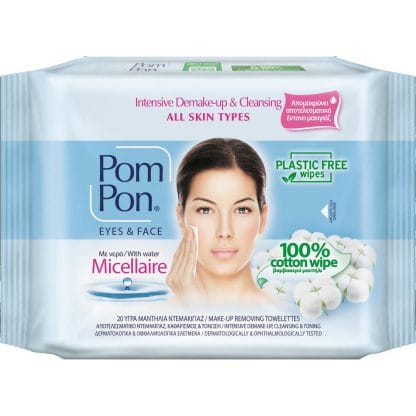 Pom Pon Face & Eyes 100% Cotton Wipes All Skin Types Υγρά Μαντήλια Ντεμακιγιάζ με Micellaire Water 20 Τεμάχια