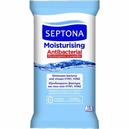 Septona Moisturising Antibacterial Wipes Αντιβακτηριδιακά Μαντηλάκια Χεριών με Ενυδατική Δράση 15 Τεμάχια