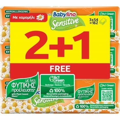 Babylino Sensitive Cotton with Chamomile Απαλά Υποαλλεργικά Μωρομάντηλα με Χαμομήλι 2+1 Δώρο, 3 x 54 τεμάχια