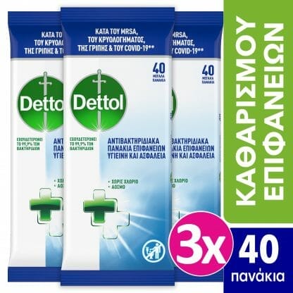 Dettol Πακέτο Προσφοράς Surface Clean Wipes Υγρά Πανάκια Καθαρισμού Χωρίς Άρωμα για Όλες τις Επιφάνειες 3x40 Τεμάχια