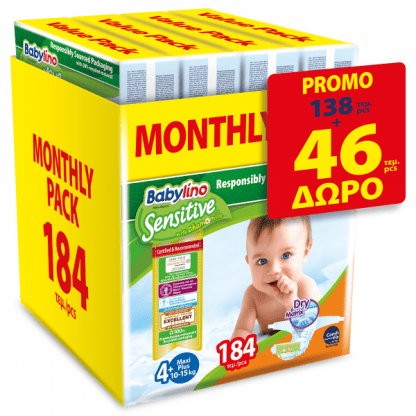 Πάνες Babylino Sensitive Monthly Pack No4+ (10-15Kg) 138τεμ+46τεμ(ΔΩΡΟ)=184τεμ