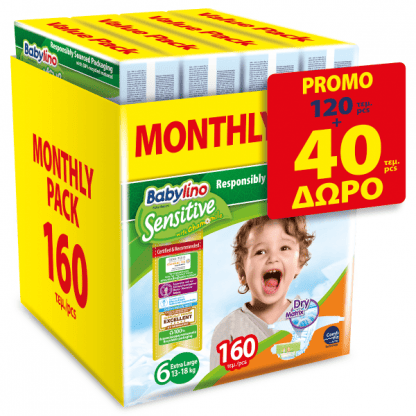 Πάνες Babylino Sensitive Monthly Pack No6 (13-18Kg) 120τεμ+40τεμ(ΔΩΡΟ)=160τεμ