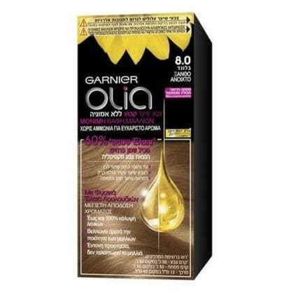 Garnier Olia Μόνιμη Βαφή Μαλλιών Χωρίς Αμμωνία με Φυσικά Έλαια Λουλουδιών Mini Kit 50gr - No 8.0 Ξανθό Ανοιχτό