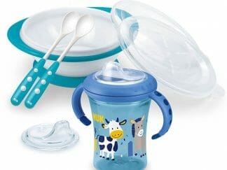 Nuk Learn to Eat Set Σετ Εκμάθησης Φαγητού Περιλαμβάνει Κύπελλο με Λαβές 220ml Μπολ Φαγητού, 2 Κουταλάκια 1 Ανταλλακτικό Ρύγχος - μπλέ