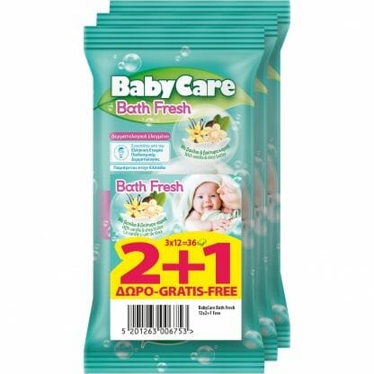 BabyCare Bath Fresh Μωρομάντηλα με Ίνες Φυτικής Προέλευσης, Εκχύλισμα Βανίλιας & Βούτυρο Καριτέ 3x12 Τεμάχια 2+1 Δώρο