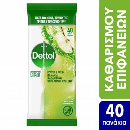 Dettol Surface Clean Wipes Υγρά Πανάκια Καθαρισμού με Άρωμα Πράσινο Μήλο για Όλες τις Επιφάνειες 40 Τεμάχια