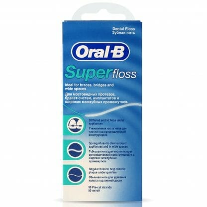 Oral-B Superfloss Dental Floss Οδοντικό Νήμα με Κερί για μια Άνετη Εμπειρία Καθαρισμού σε Γέφυρες, Σιδεράκια & Μεγάλα Μεσοδόντια Διαστήματα 50m