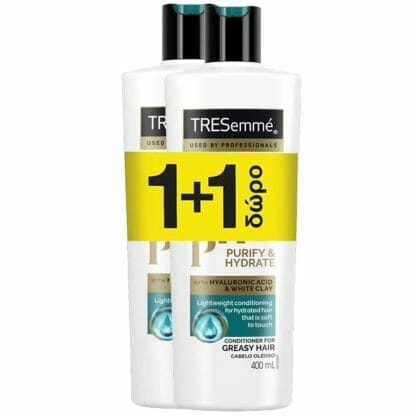 TRESemme Πακέτο Προσφοράς Purify & Hydrate Conditioner Μαλακτική Κρέμα Μαλλιών με Υαλουρονικό Οξύ & Λευκό Πηλό για Λιπαρά Μαλλιά 2x400ml 1+1 Δώρο