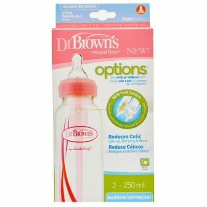 Dr. Brown's Natural Flow Options Μπιμπερό Πλαστικό Ροζ με Στενό Λαιμό Θηλή Σιλικόνης 250ml 0m+ 2Τμχ SB82405_82305