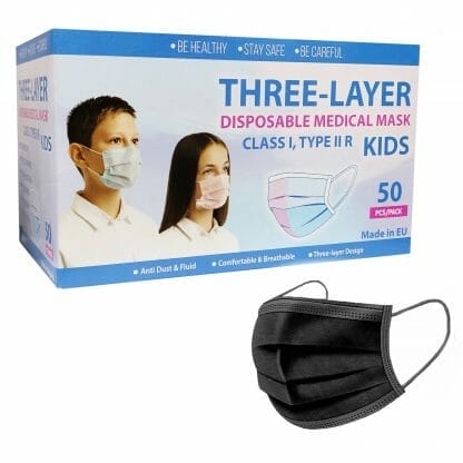 Kid's Three Layer Medical Mask, Class I, Type IIR, Παιδικές Μάσκες μιας Χρήσης με Λάστιχο & Μεταλλικό Έλασμα, σε Μαύρο Χρώμα 5x10 Τεμάχια
