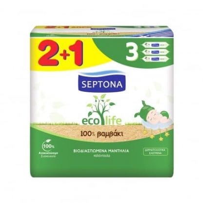 Μωρομάντηλα Septona Ecolife Βιοδιασπώμενα -100% βαμβάκι 2+1 Δώρο (3x60 τμχ)