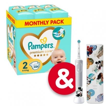 Πάνες Pampers Premium Care Monthly Pack Νο2 (4-8kg) 224τεμ + Ηλεκτρική Οδοντόβουρτσα Mickey Αξίας €39,99