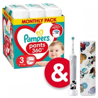 Πάνες Pampers Pants Monthly Pack Νο3 (6-11kg) 204τεμ + Ηλεκτρική Οδοντόβουρτσα Mickey Αξίας €39,99