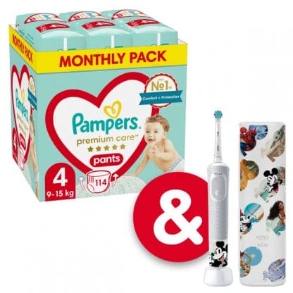 Πάνες Pampers Premium Care Pants Monthly Pack Νο4 (9-15kg) 114τεμ + Ηλεκτρική Οδοντόβουρτσα Mickey Αξίας €39,99