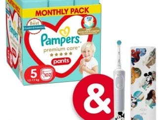 Πάνες Pampers Premium Care Pants Monthly Pack Νο5 (12-17kg) 102τεμ + Ηλεκτρική Οδοντόβουρτσα Mickey Αξίας €39,99