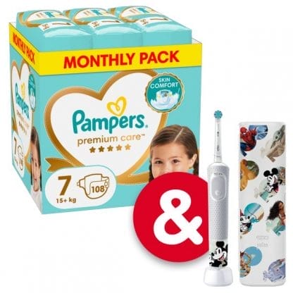 Πάνες Pampers Premium Care Monthly Pack Νο7 (15+kg) 108τεμ + Ηλεκτρική Οδοντόβουρτσα Mickey Αξίας €39,99