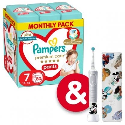 Πάνες Pampers Premium Care Pants Monthly Pack Νο7 (17+kg) 80τεμ + Ηλεκτρική Οδοντόβουρτσα Mickey Αξίας €39,99