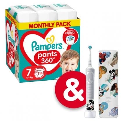 Πάνες Pampers Pants Monthly Pack Νο7 (17+kg) 114τμχ + Ηλεκτρική Οδοντόβουρτσα Mickey Αξίας €39,99