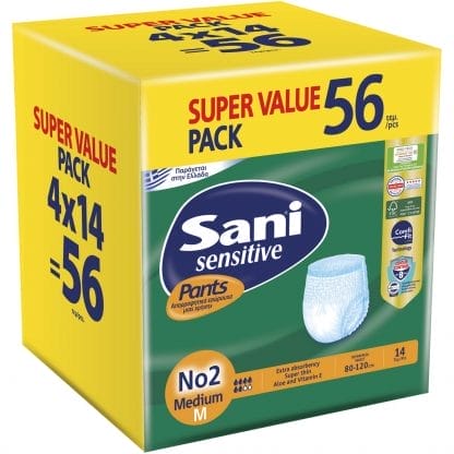 Σετ Sani Sensitive Pants Ελαστικό Εσώρουχο Ακράτειας 56 Τεμάχια (4x14 Τεμάχια) - No2 Medium