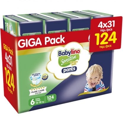 Σετ Babylino Sensitive Pants Cotton Soft Unisex No6 Extra Large (13-18kg) 124 Τεμάχια (4x31 Τεμάχια)