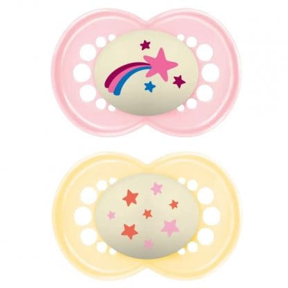 Mam Original Night Silicone Soother 16m+ Ορθοδοντική Πιπίλα Σιλικόνης που Λάμπει στο Σκοτάδι για Εύκολο Εντοπισμό 2 Τεμάχια, Κωδ 260SGc - Ροζ / Κίτρινο